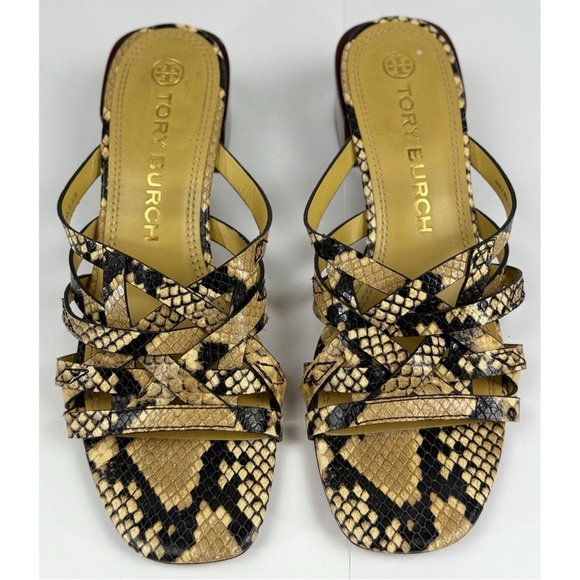 Tory Burch Basketweave Block Heel Snake Print Leather Sandals, size 8.5 - Picture 1 of 9